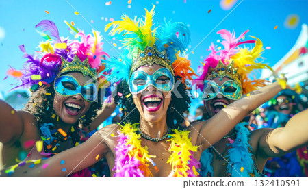 Gorgeous carnival dancers enjoying selfies with their best smiles 132410591