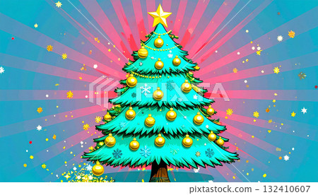 普普藝術風格的聖誕樹和放射狀背景（銷售圖片） 132410607