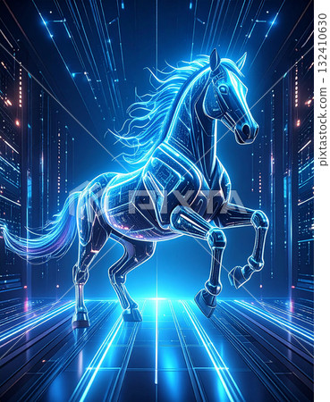 一匹未來數字馬在網路空間中奔跑,發出藍光 一匹未來數字馬在網路空間中奔跑,發出藍光 132410630