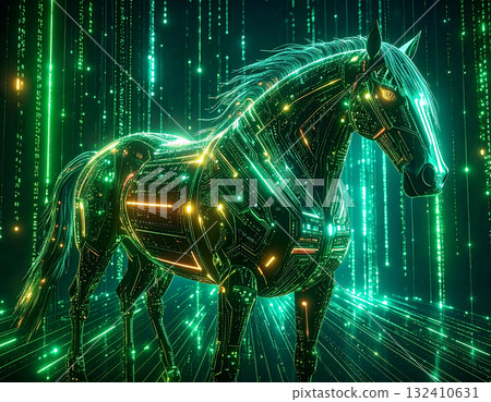 由數位電路和燈光製作的未來派 CG 馬藝術 由數位電路和燈光製作的未來派 CG 馬藝術 132410631