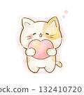 水彩貓插畫：微笑的貓抱著一顆心（愛、幸福、善良） 132410720