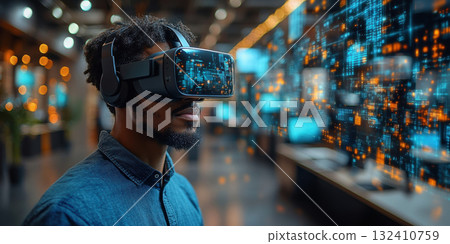 Man using virtual reality goggles and pointing on some virtual button on grey background Man using virtual reality goggles and pointing on some virtual button on grey background 132410759