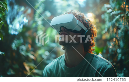Man wearing white VR goggles experiences augmented reality while surrounded by lush greenery 132410763