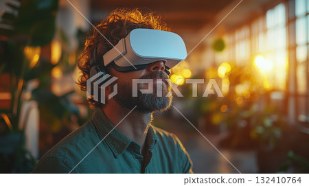 Man in casual green shirt, deeply immersed in white VR virtual reality headset, stands in an open office 132410764