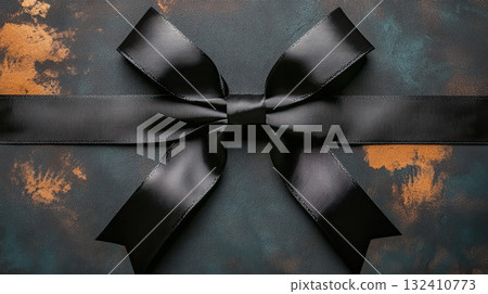 Elegant black satin ribbon in a bow shape on a black background, symbolizing mourning or grief. Elegant black satin ribbon in a bow shape on a black background, symbolizing mourning or grief. 132410773