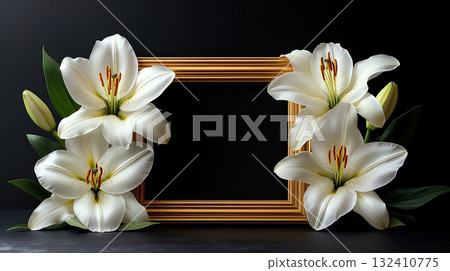 Empty golden frame surrounded by white lilies on a black background, symbolic of remembrance or tribute. Empty golden frame surrounded by white lilies on a black background, symbolic of remembrance or tribute. 132410775