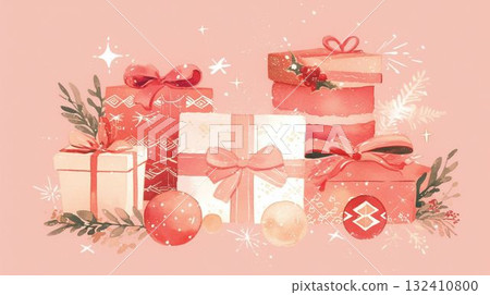 聖誕節早晨，紅色和白色的禮物盒排成一排 132410800