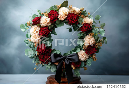 Funeral wreath of flowers with black ribbon on wooden stand against grey background, space for text 132410862