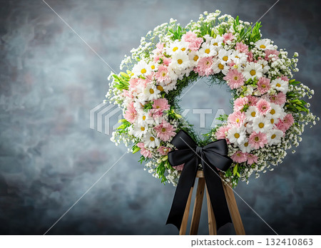 Funeral wreath of flowers with black ribbon on wooden stand against grey background, space for text Funeral wreath of flowers with black ribbon on wooden stand against grey background, space for text 132410863