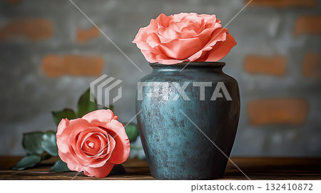 Mortuary urn with ribbon and flower on table against dark background. Dark ceramic urn placed beside soft pink rose 132410872