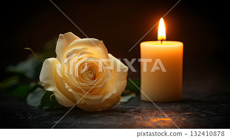 Beautiful white roses and candle on table against black background. Funeral symbol. Burning candle placed between two white roses dark surface, symbolizing remembrance. 132410878
