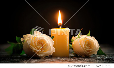 Beautiful white roses and candle on table against black background. Funeral symbol. Burning candle placed between two white roses dark surface, symbolizing remembrance. 132410880