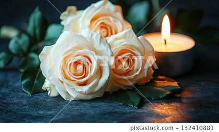 Beautiful white roses and candle on table against black background. Funeral symbol. Burning candle placed between two white roses dark surface, symbolizing remembrance. Beautiful white roses and candle on table against black background. Funeral symbol. Burning candle placed between two white roses dark surface, symbolizing remembrance. 132410881