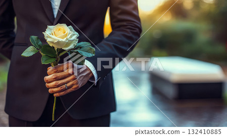 Man in black suit holding bouquet of white roses, symbolizing mourning or tribute. Mature man in black suit holding one fresh white rose Man in black suit holding bouquet of white roses, symbolizing mourning or tribute. Mature man in black suit holding one fresh white rose 132410885