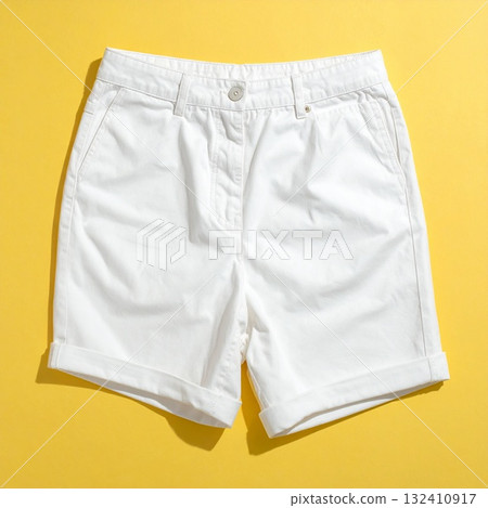 淡黃色背景上折疊棉質短褲的夏季組合物 132410917
