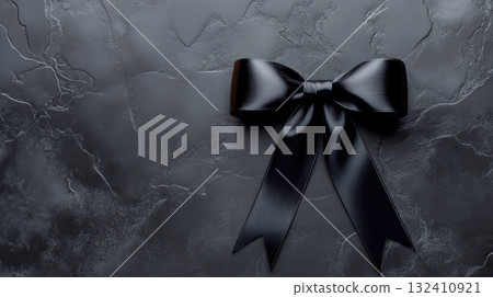 Elegant black satin ribbon in a bow shape on a black background, symbolizing mourning or grief. 132410921