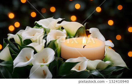 A white lilies calla flower with water droplets beside lit candle, evoking emotion and memory. Funeral symbol 132410940