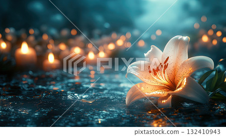 Concept mourning. White lily flowers on dark background. We remember, we mourn. Single white lily lit by surrounding candlelight on wet reflective surface, 132410943