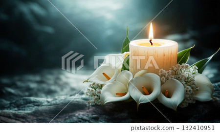 White flowers Calla with candle on black background. Copy space. The concept of estimates, mourning. white lilies calla flower with water droplets beside lit candle. 132410951