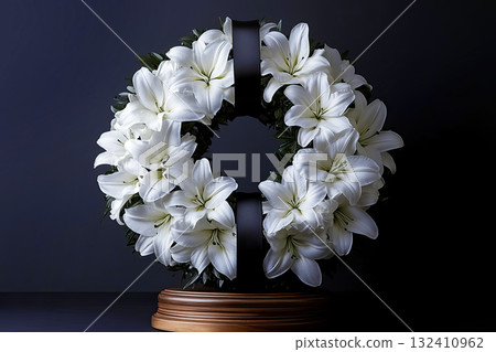 Funeral wreath of white lilies flowers with black ribbon wooden stand against grey background, space for text, classic funeral wreath made white lilies and greenery 132410962