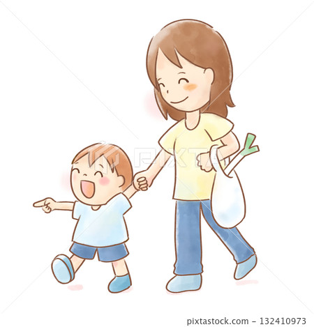 水彩畫:一位母親和孩子手牽手,另一個孩子微笑著指著。透明背景,附複製空間 水彩畫:一位母親和孩子手牽手,另一個孩子微笑著指著。透明背景,附複製空間 132410973