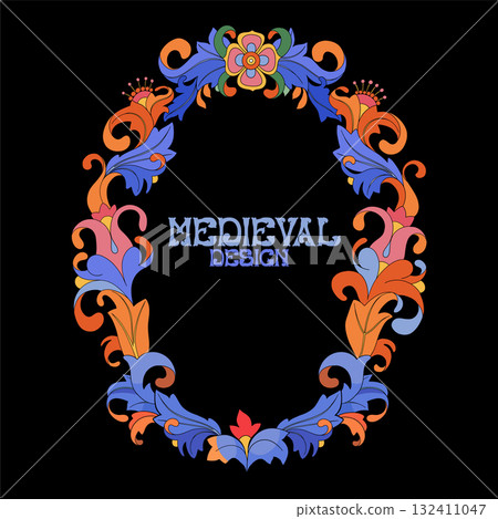 Elegant graphic medieval frame with ornate plants 132411047