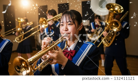 微笑的高中女生吹小號（音樂會） 132411121