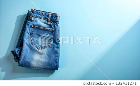 Still life image of denim jeans in soft natural light and shadows 132411271