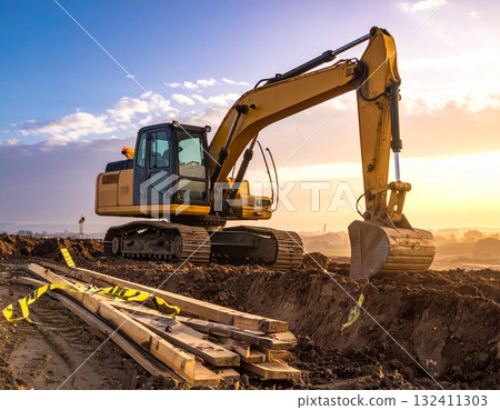 An excavator working on a new construction site An excavator working on a new construction site 132411303