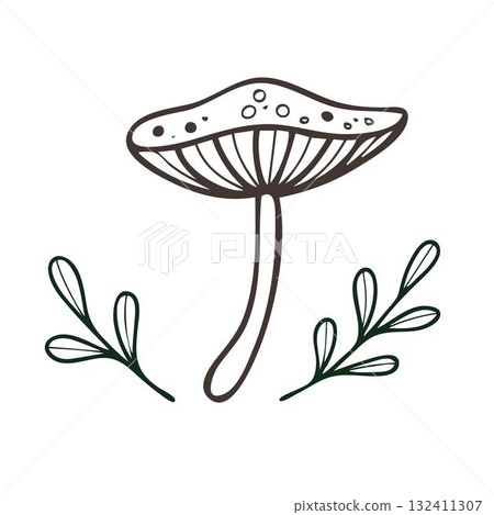 Vector non-AI mushroom and branches. Stylized mushroom and plant branches isolated on white background. Vector non-AI mushroom and branches. Stylized mushroom and plant branches isolated on white background. 132411307