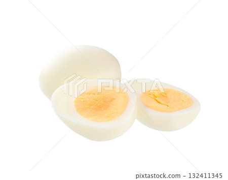 Single whole boiled egg with halved egg isolated on a white background. Single whole boiled egg with halved egg isolated on a white background. 132411345