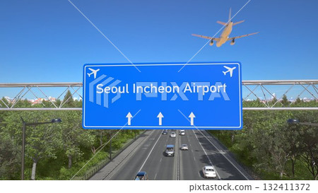 Blue motorway sign for Seoul Incheon Airport with an airliner flying above along the road toward the airport. 3D rendering Blue motorway sign for Seoul Incheon Airport with an airliner flying above along the road toward the airport. 3D rendering 132411372