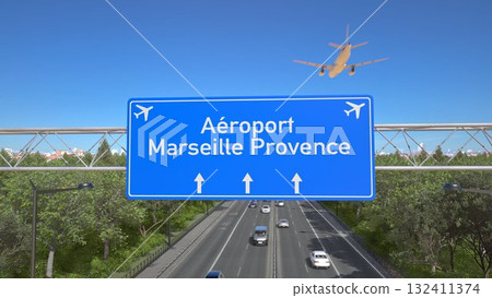 Blue motorway sign for Marseille Provence Airport with an airliner flying above along the road toward the airport. 3D rendering Blue motorway sign for Marseille Provence Airport with an airliner flying above along the road toward the airport. 3D rendering 132411374
