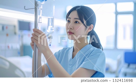 A young nurse checking an IV drip with a serious expression A young nurse checking an IV drip with a serious expression 132411698