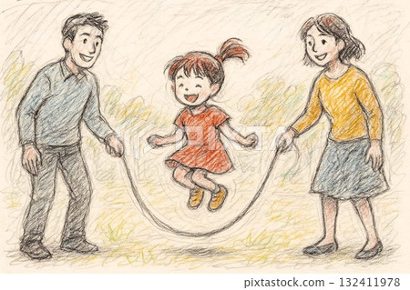 Parents and children playing skipping rope 132411978
