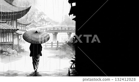 雨夜，身穿和服的女子過橋的剪影 132412028