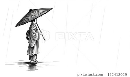 一位身穿和服的女子在雨中撐傘行走 132412029