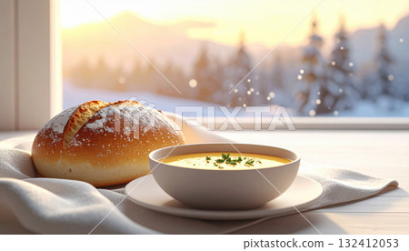 Warm bowl of soup with herbs and fresh loaf of bread sits on table by snowy window, creating cozy winter scene Warm bowl of soup with herbs and fresh loaf of bread sits on table by snowy window, creating cozy winter scene 132412053