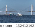 A sightseeing boat crossing the Yokohama Bay Bridge under a blue sky 132412192