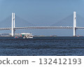 A sightseeing boat crossing the Yokohama Bay Bridge under a blue sky 132412193