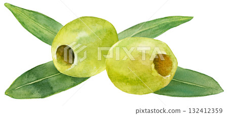 Green olives in oil and olive leaves watercolor illustration 132412359