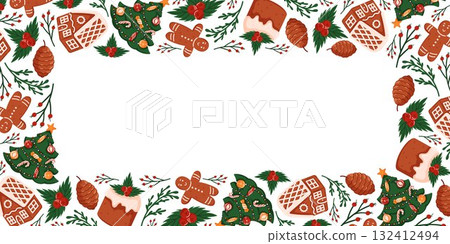 Festive border frame with gingerbread cookie, Christmas tree, pine cone, holly berry and cake on a white background. Holiday greeting card and winter season bakery design in flat style. 132412494