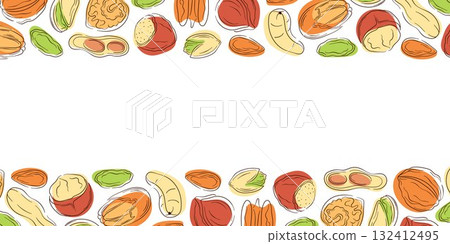 Border frame with nut, almond, cashew, peanut, walnut, hazelnut and pecan in flat style. Design for grocery store wallpaper with empty center space. 132412495