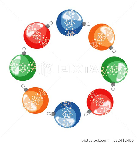 Christmas tree vintage ball ornament arranged in a circular wreath in cartoon style. 132412496