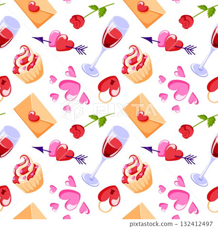 Seamless pattern with valentine day romantic element, heart, wine glass, cupcake, rose, envelope, arrow on white background in flat style. 132412497