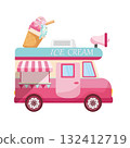 Pink ice cream bus in doodle style. Hand Drawn. 132412719