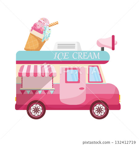 Pink ice cream bus in doodle style. Hand Drawn. Pink ice cream bus in doodle style. Hand Drawn. 132412719