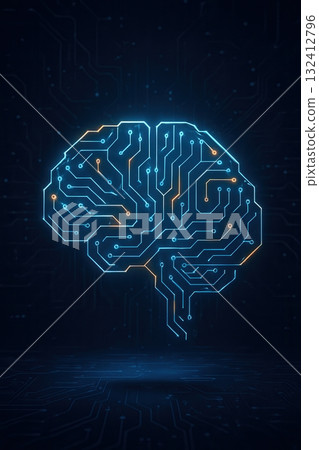 Digital brain with circuit patterns illuminated a dark background. Digital brain with circuit patterns illuminated a dark background. 132412796