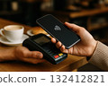 Contactless payment with a smartphone, a reflection of the essence of modern transactions. 132412821