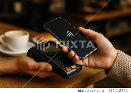 Contactless payment with a smartphone, a reflection of the essence of modern transactions. Contactless payment with a smartphone, a reflection of the essence of modern transactions. 132412821